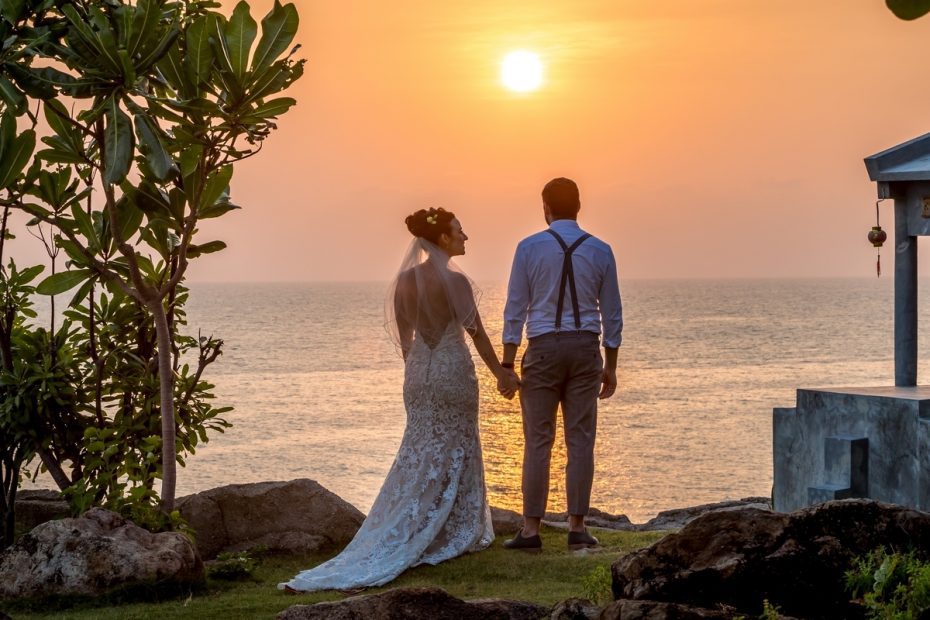 couple just married on koh tao looking at the sunset