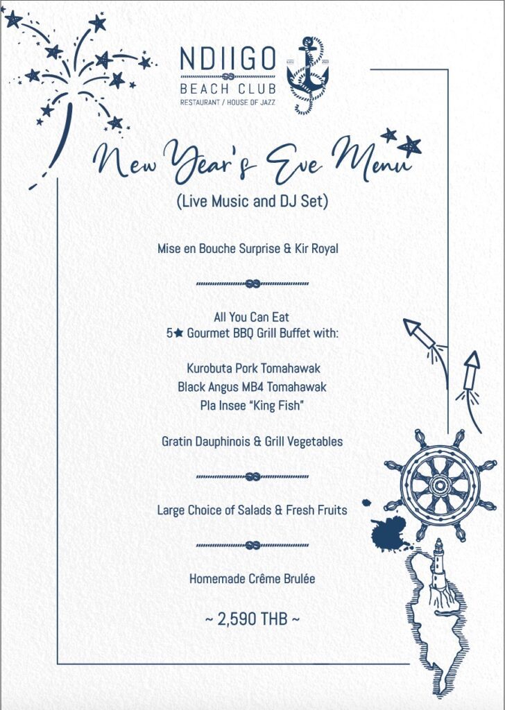 ndiigo beach club restaurant menu new years eve 2024