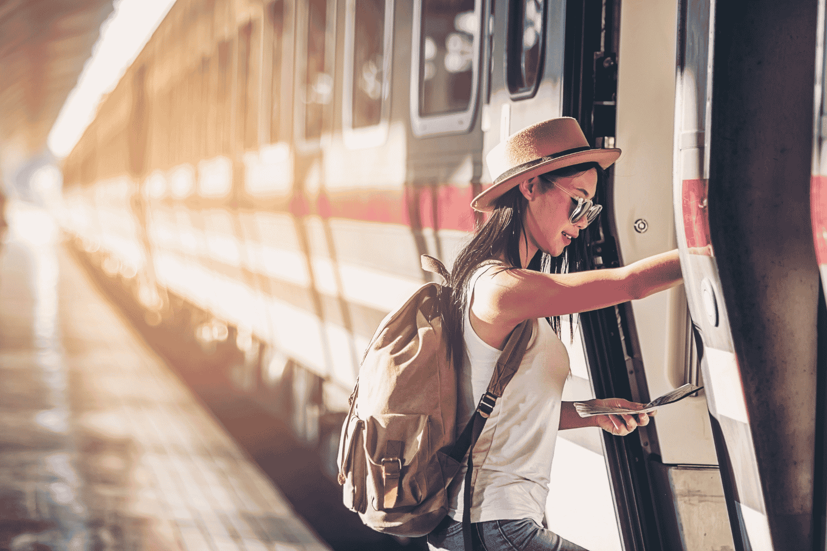 Thai-Girl-Boarding-Train-At-Station